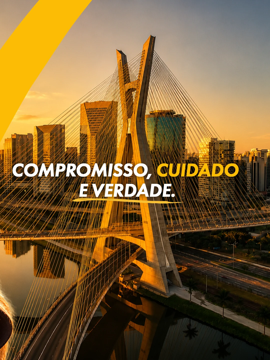 Ponte Estaiada de São José dos Campos em arte da campanha com a mensagem Compromisso, cuidado e verdade